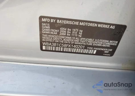 2015 BMW 320I z USA, uszkodzony, nr VIN WBA3B1C58FK140201